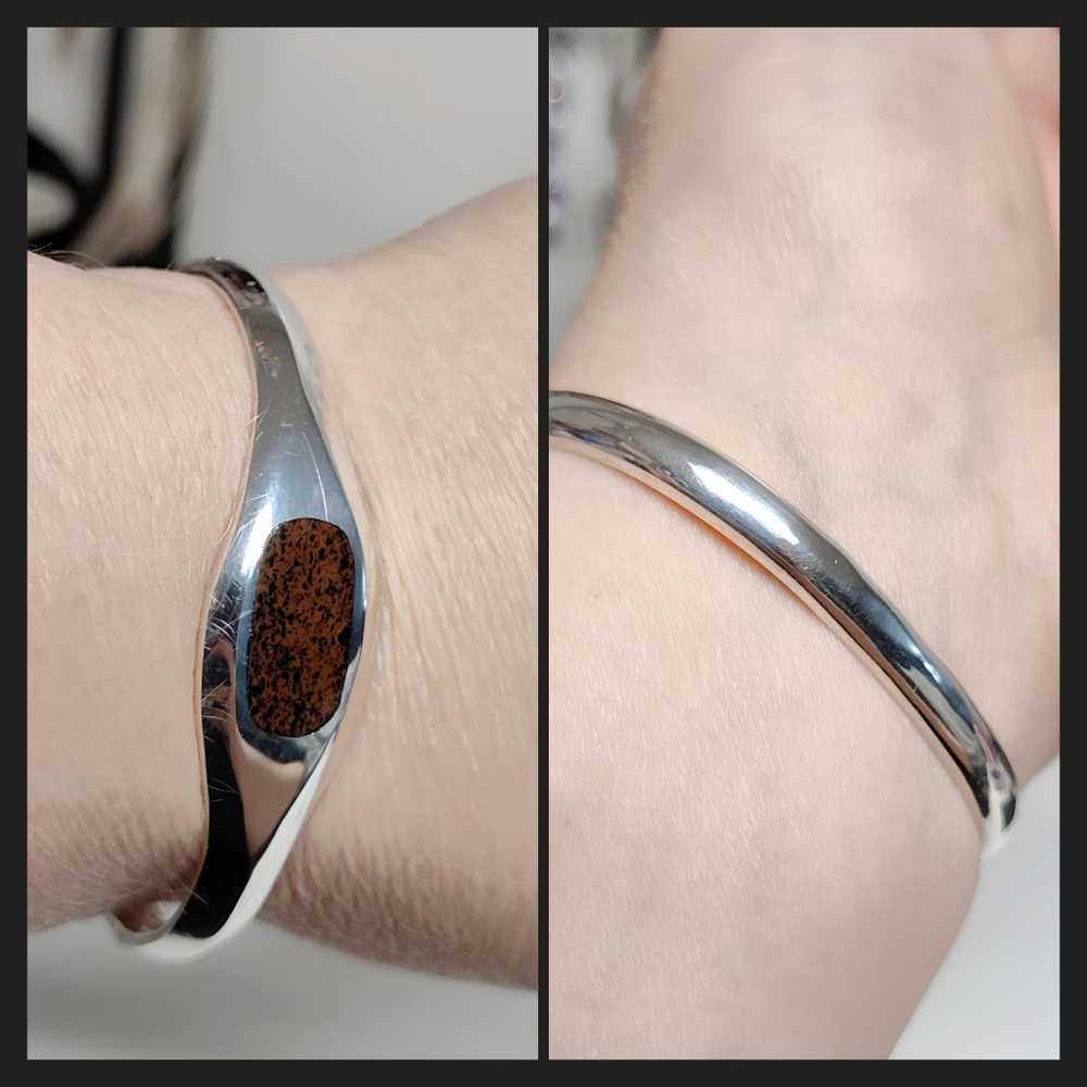 Vintage TAXCO Sterling Silver Hinged Bracelet Brown/black Jasper Inlay Unisex - Picture 6 of 13